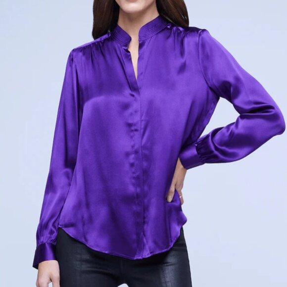 L'AGENCE Bianca Band Collar Silk Blouse in Deep Violet Size Large - Picture 1 of 4